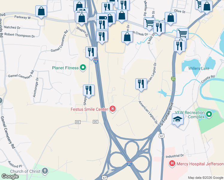 map of restaurants, bars, coffee shops, grocery stores, and more near 98 North Oak Knoll Drive in Festus