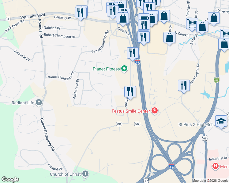 map of restaurants, bars, coffee shops, grocery stores, and more near 1220 Denali Drive in Festus