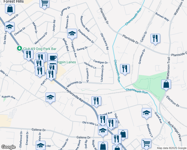 map of restaurants, bars, coffee shops, grocery stores, and more near 2716 Durbing Avenue in Jeffersontown
