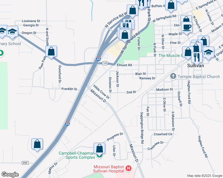 map of restaurants, bars, coffee shops, grocery stores, and more near 216 Division Street in Sullivan