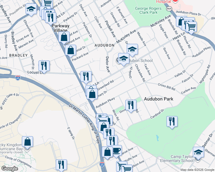 map of restaurants, bars, coffee shops, grocery stores, and more near 1002 Rosemary Drive in Louisville