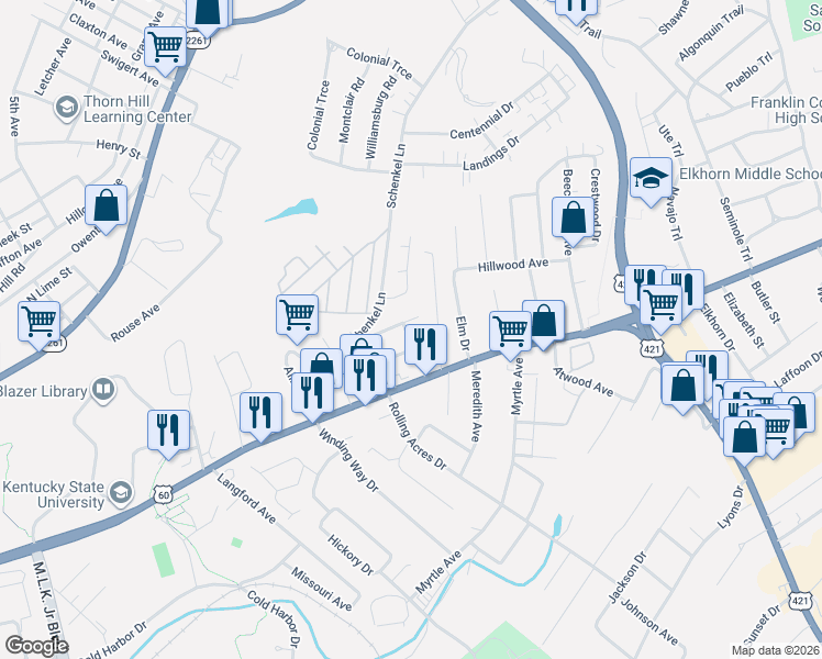 map of restaurants, bars, coffee shops, grocery stores, and more near 110 Pickett Avenue in Frankfort