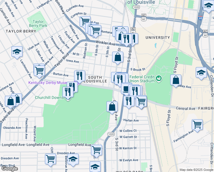 map of restaurants, bars, coffee shops, grocery stores, and more near 419 Central Avenue in Louisville
