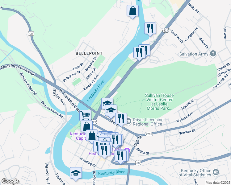 map of restaurants, bars, coffee shops, grocery stores, and more near 701-715 Wilkinson Boulevard in Frankfort