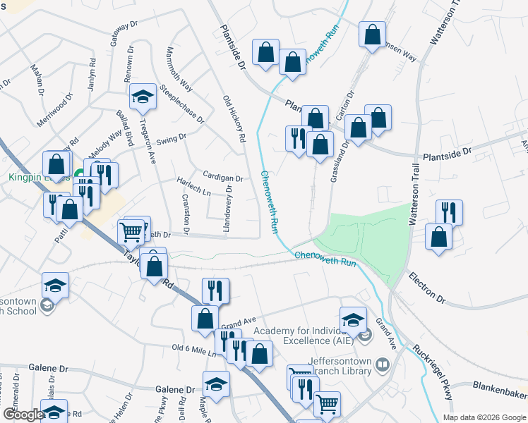 map of restaurants, bars, coffee shops, grocery stores, and more near 10108 Pennyrile Court in Louisville