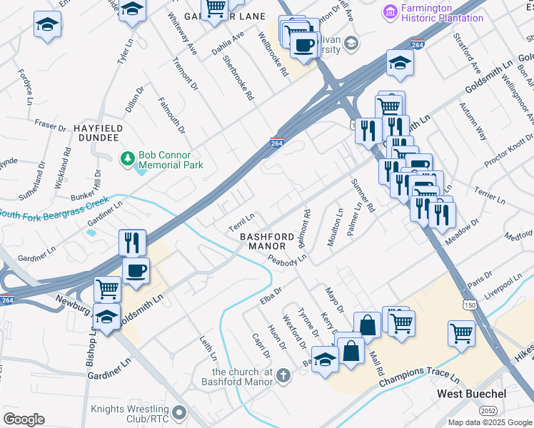 map of restaurants, bars, coffee shops, grocery stores, and more near in Louisville