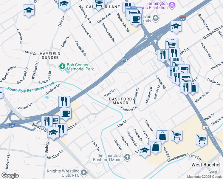 map of restaurants, bars, coffee shops, grocery stores, and more near 2004 Terril Lane in Louisville