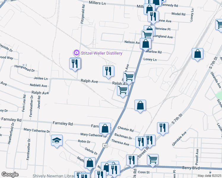 map of restaurants, bars, coffee shops, grocery stores, and more near 1900 Ramser Court in Louisville