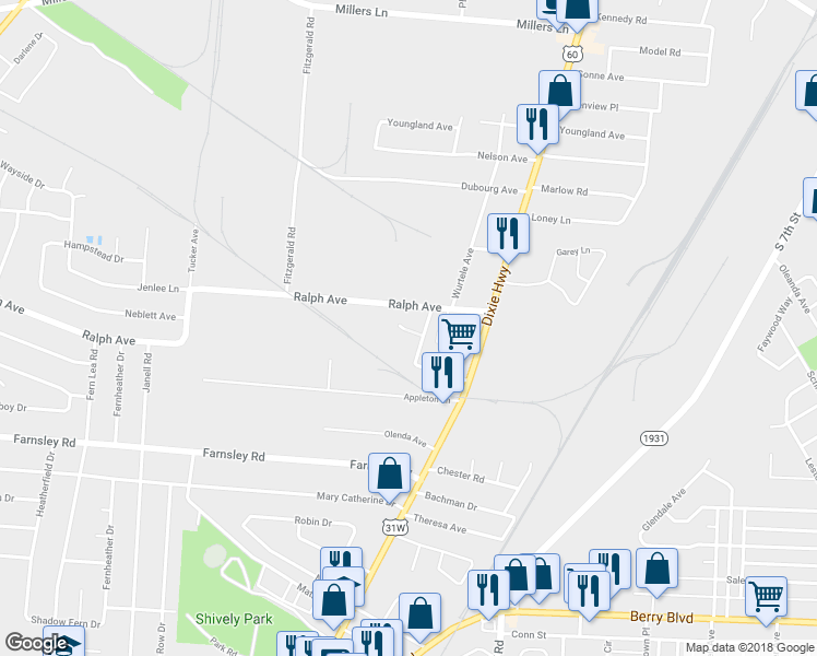 map of restaurants, bars, coffee shops, grocery stores, and more near 1900 Ramser Court in Louisville