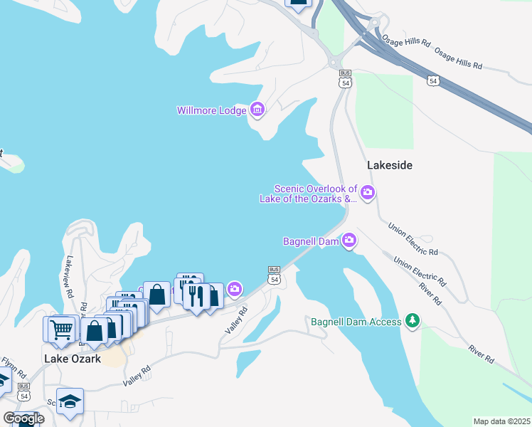 map of restaurants, bars, coffee shops, grocery stores, and more near 16 Bagnell Dam Boulevard in Lake Ozark
