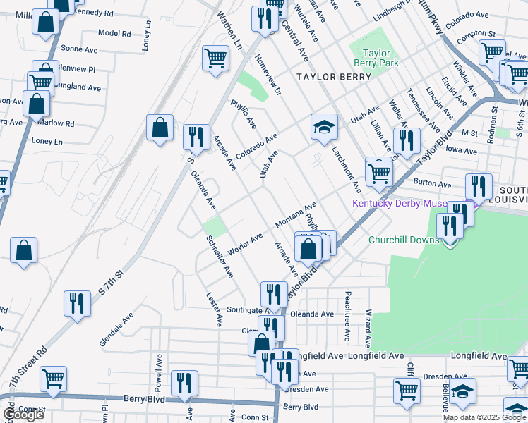 map of restaurants, bars, coffee shops, grocery stores, and more near 1415 Arcade Avenue in Louisville
