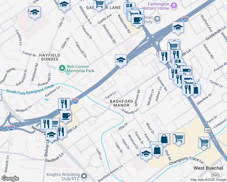 map of restaurants, bars, coffee shops, grocery stores, and more near 2006 Terril Lane in Louisville