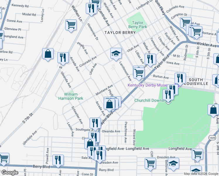 map of restaurants, bars, coffee shops, grocery stores, and more near 1329 Phyllis Avenue in Louisville