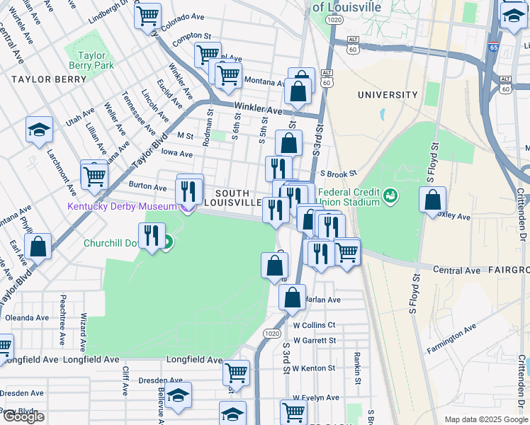 map of restaurants, bars, coffee shops, grocery stores, and more near 419 Central Avenue in Louisville