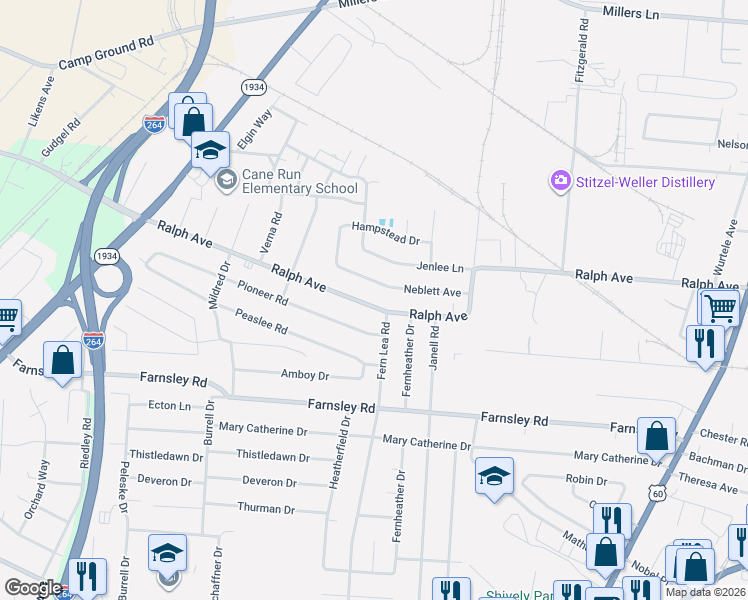 map of restaurants, bars, coffee shops, grocery stores, and more near 3301 Fern Lea Road in Louisville