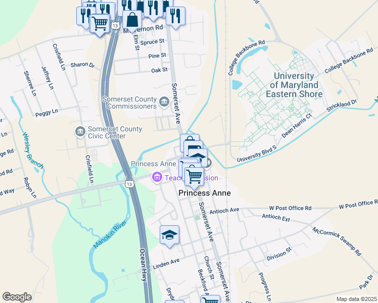 map of restaurants, bars, coffee shops, grocery stores, and more near 30514 Doctor William P. Hytche Boulevard in Princess Anne
