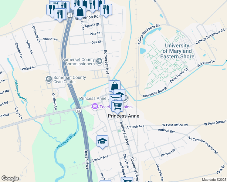 map of restaurants, bars, coffee shops, grocery stores, and more near 11817 Somerset Avenue in Princess Anne