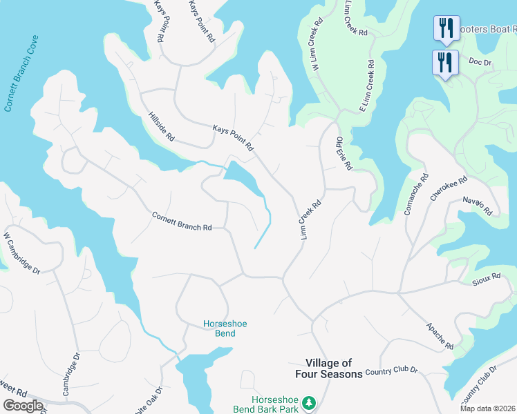 map of restaurants, bars, coffee shops, grocery stores, and more near 2-98 Cornett Drive in Village of Four Seasons