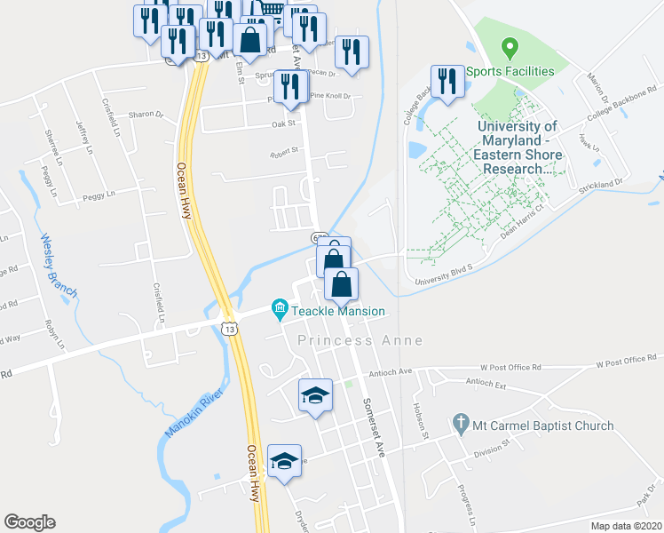 map of restaurants, bars, coffee shops, grocery stores, and more near 11787 Church Street in Princess Anne