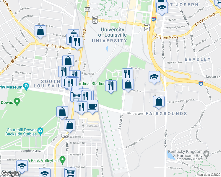 map of restaurants, bars, coffee shops, grocery stores, and more near 2800 South Floyd Street in Louisville