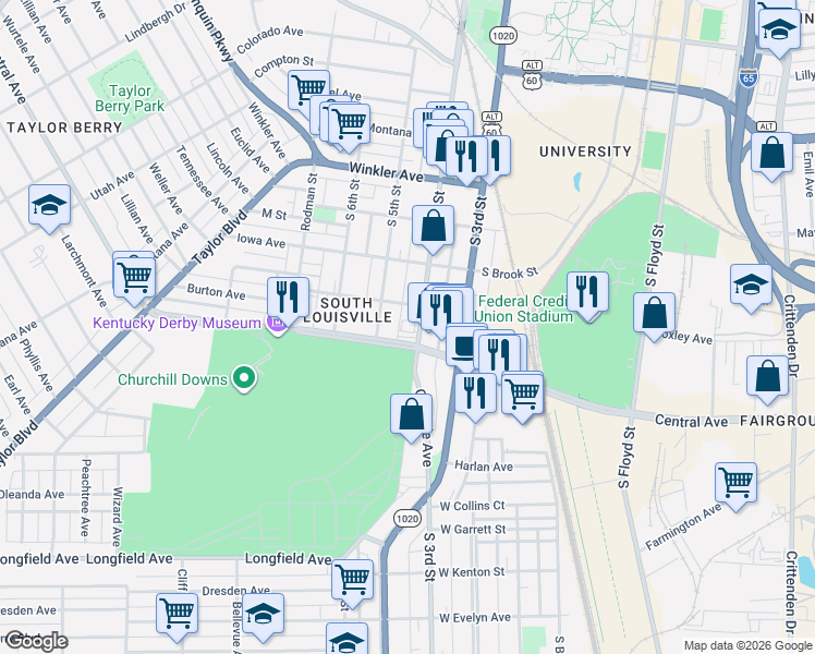 map of restaurants, bars, coffee shops, grocery stores, and more near 3014 South 4th Street in Louisville