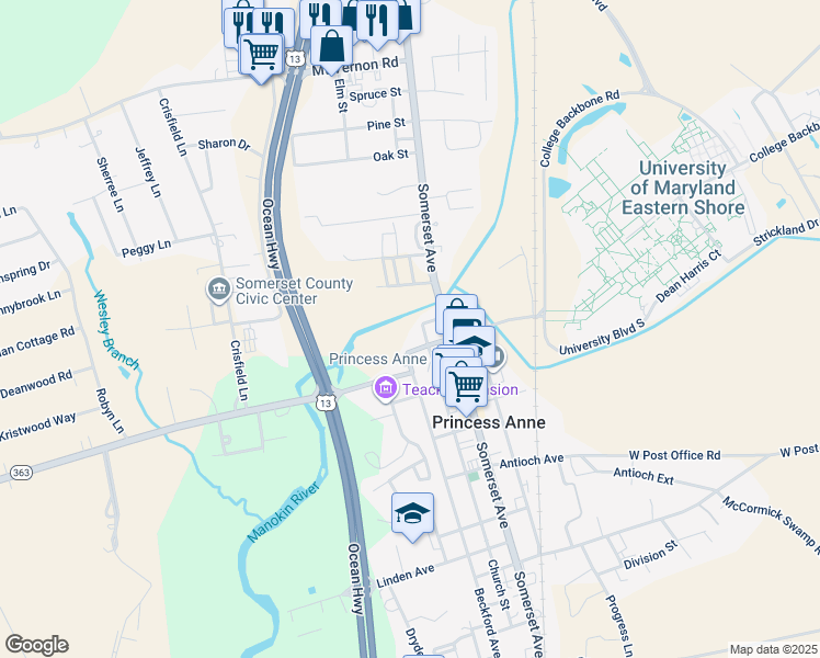 map of restaurants, bars, coffee shops, grocery stores, and more near 30472 Broad Street in Princess Anne