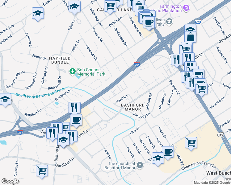 map of restaurants, bars, coffee shops, grocery stores, and more near 3304 Bent Creek Court in Louisville