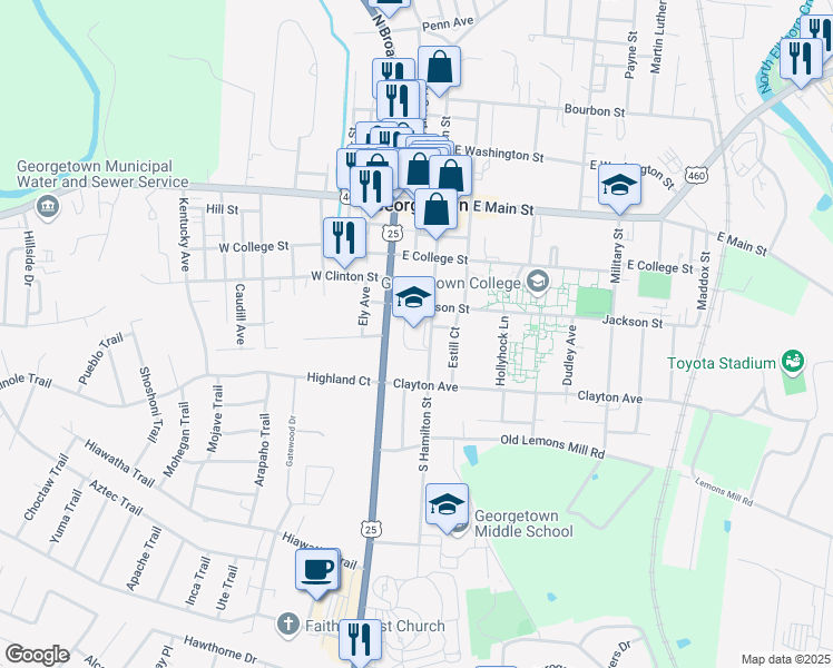 map of restaurants, bars, coffee shops, grocery stores, and more near 501 South Hamilton Street in Georgetown