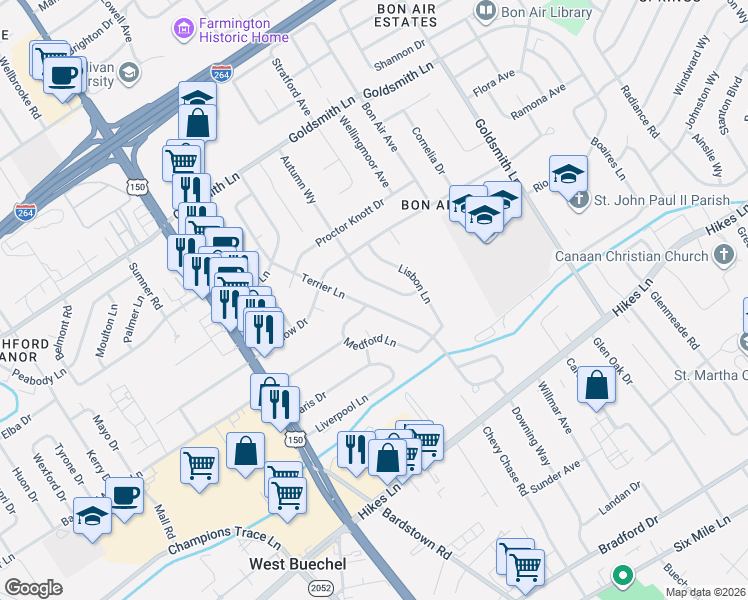 map of restaurants, bars, coffee shops, grocery stores, and more near 3508 Autumn Way in Louisville
