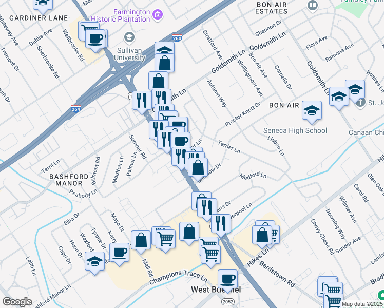 map of restaurants, bars, coffee shops, grocery stores, and more near 2220 Heather Lane in Louisville