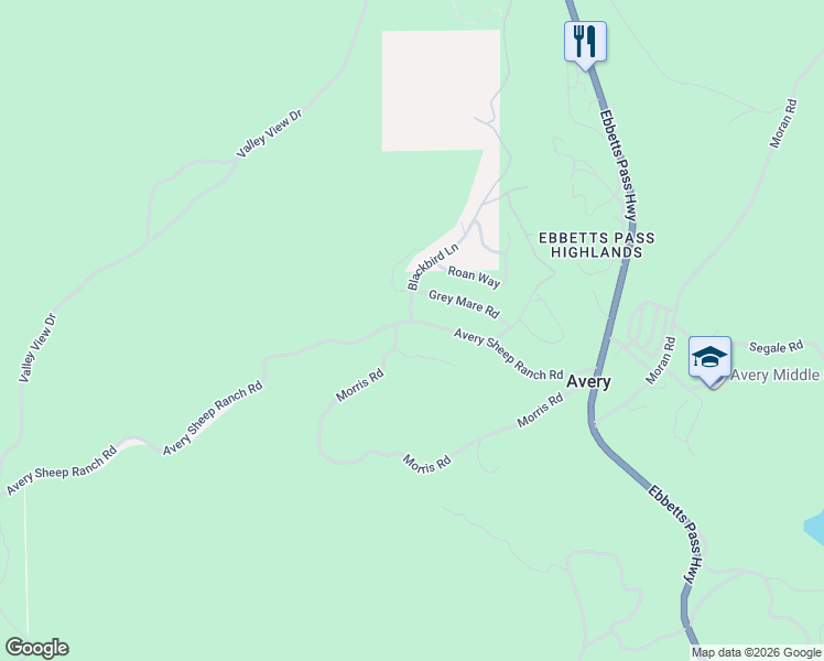 map of restaurants, bars, coffee shops, grocery stores, and more near 400 Blackbird Lane in Avery