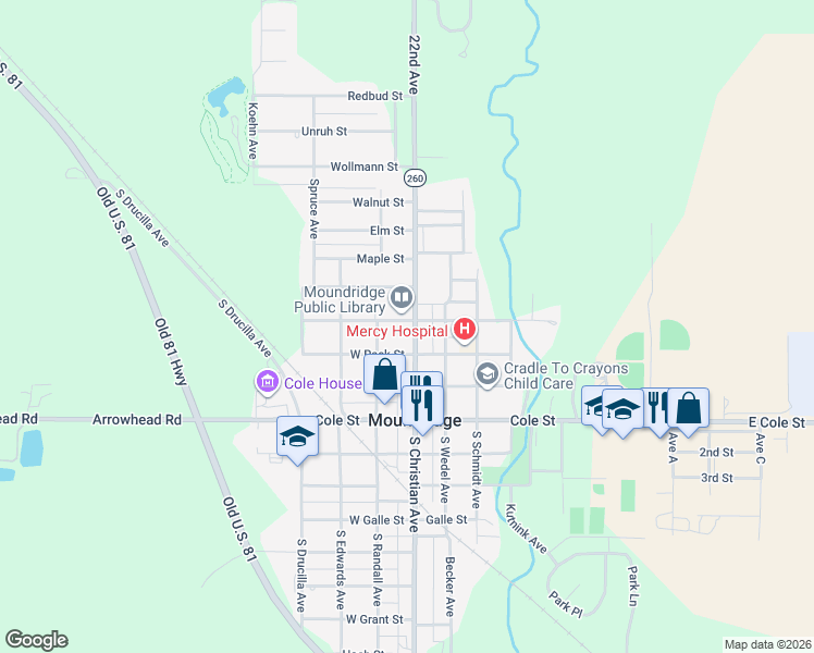map of restaurants, bars, coffee shops, grocery stores, and more near 411 North Christian Avenue in Moundridge
