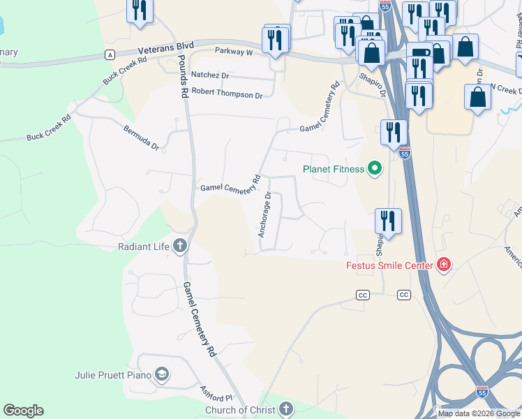 map of restaurants, bars, coffee shops, grocery stores, and more near 1936 Gamel Cemetery Road in Festus