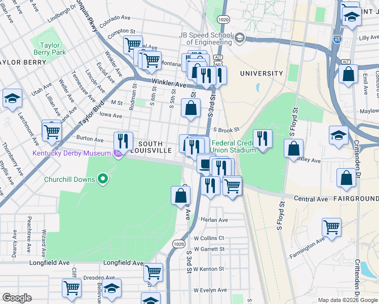 map of restaurants, bars, coffee shops, grocery stores, and more near 3007 South 4th Street in Louisville