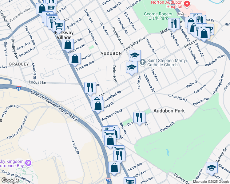 map of restaurants, bars, coffee shops, grocery stores, and more near 1016 Hess Lane in Louisville