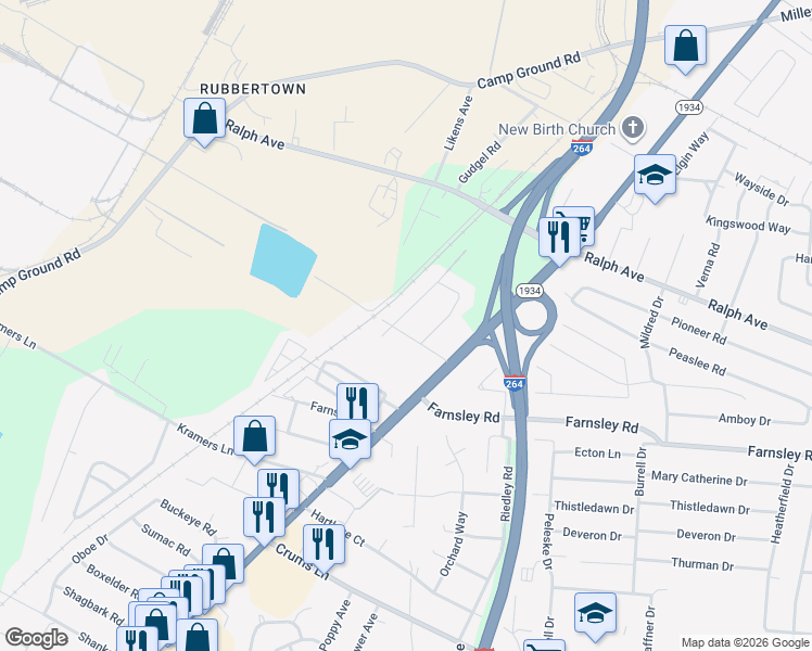 map of restaurants, bars, coffee shops, grocery stores, and more near 3309 Carrie Drive in Louisville