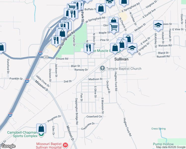 map of restaurants, bars, coffee shops, grocery stores, and more near 104 Blair Street in Sullivan