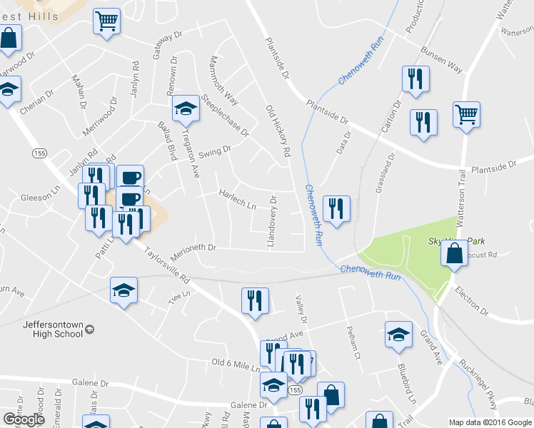map of restaurants, bars, coffee shops, grocery stores, and more near 2700 Llandovery Dr in Jeffersontown