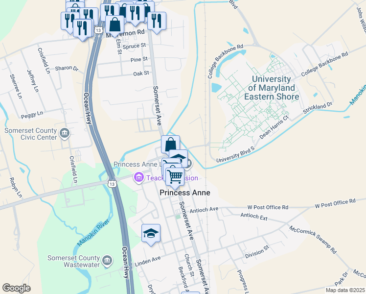 map of restaurants, bars, coffee shops, grocery stores, and more near 11839 Beechwood Street in Princess Anne