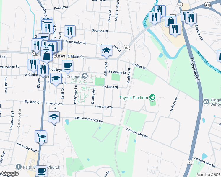 map of restaurants, bars, coffee shops, grocery stores, and more near 610 East Jackson Street in Georgetown