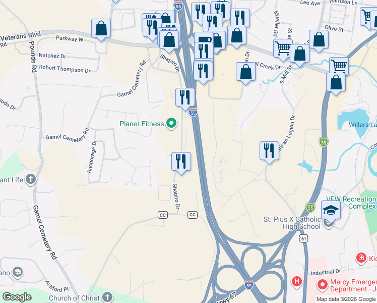 map of restaurants, bars, coffee shops, grocery stores, and more near 1303 Ymca Drive in Festus