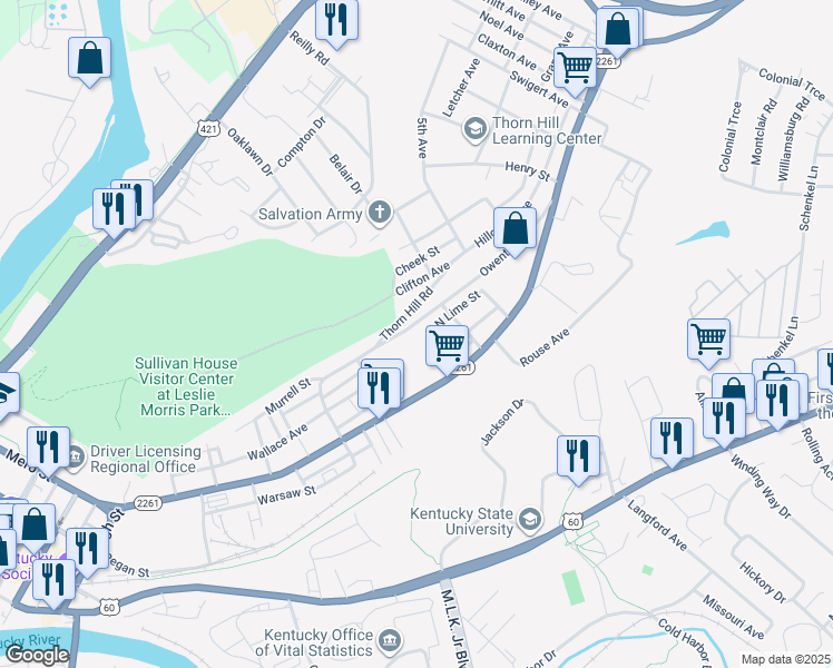 map of restaurants, bars, coffee shops, grocery stores, and more near 505 Owenton Avenue in Frankfort