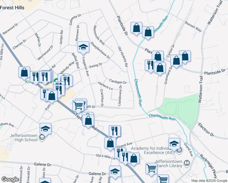 map of restaurants, bars, coffee shops, grocery stores, and more near 10009 Harlech Lane in Louisville