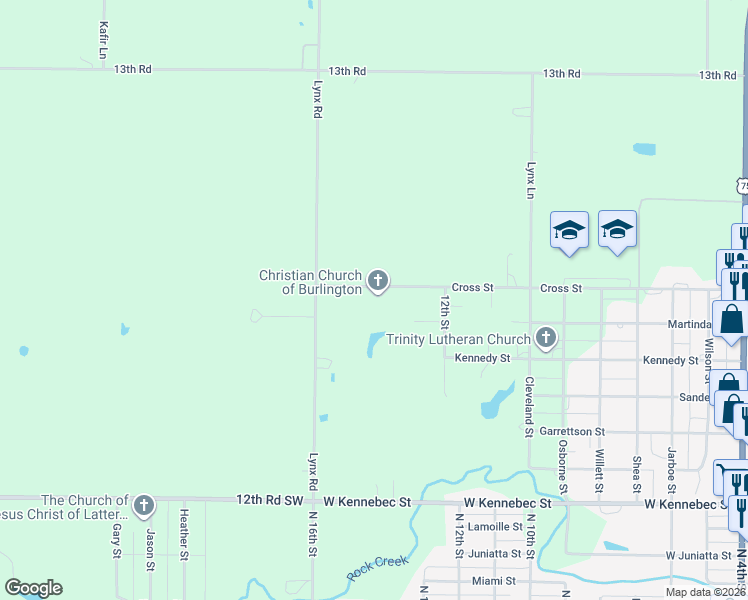 map of restaurants, bars, coffee shops, grocery stores, and more near 1401 Cross Street in Burlington