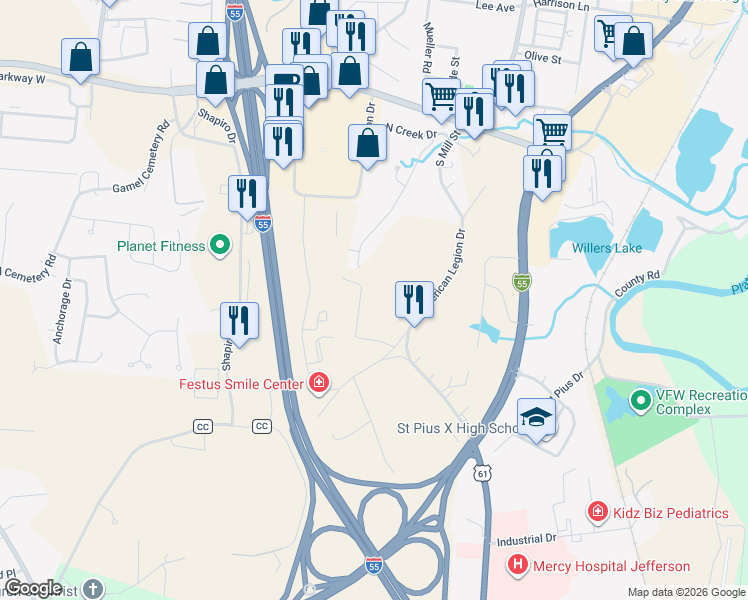map of restaurants, bars, coffee shops, grocery stores, and more near 849 American Legion Drive in Festus