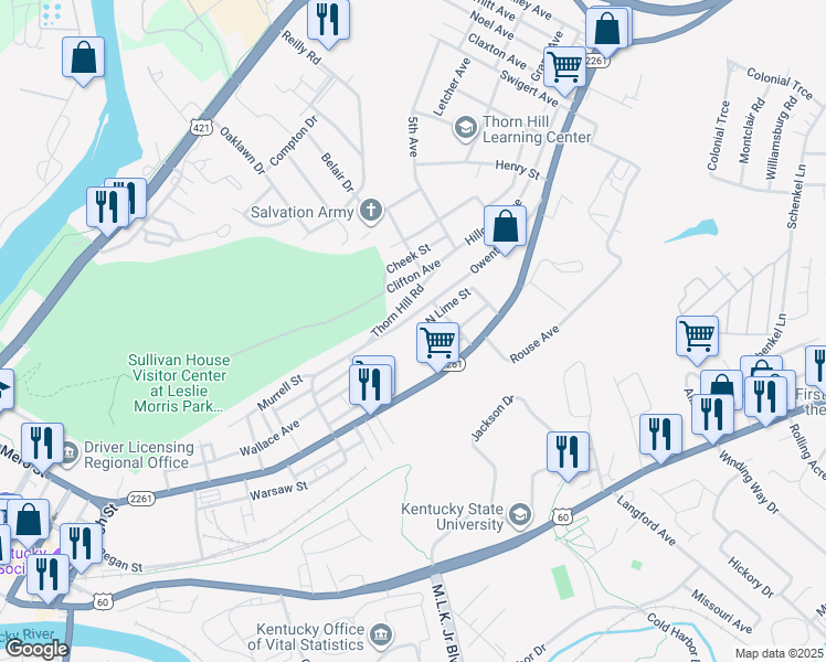 map of restaurants, bars, coffee shops, grocery stores, and more near 505 Owenton Avenue in Frankfort
