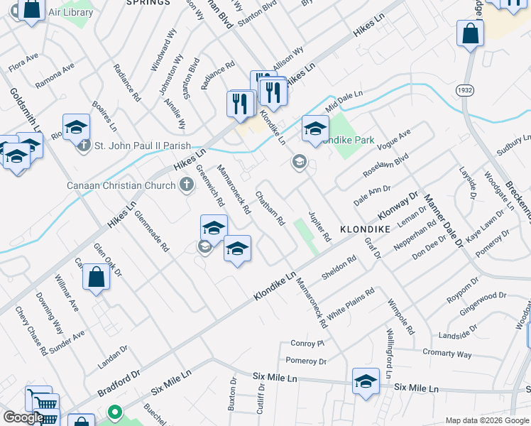 map of restaurants, bars, coffee shops, grocery stores, and more near 3713 Chatham Road in Louisville