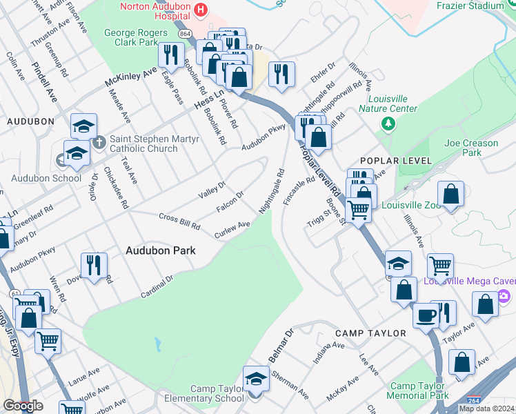 map of restaurants, bars, coffee shops, grocery stores, and more near 1409 Nightingale Road in Louisville