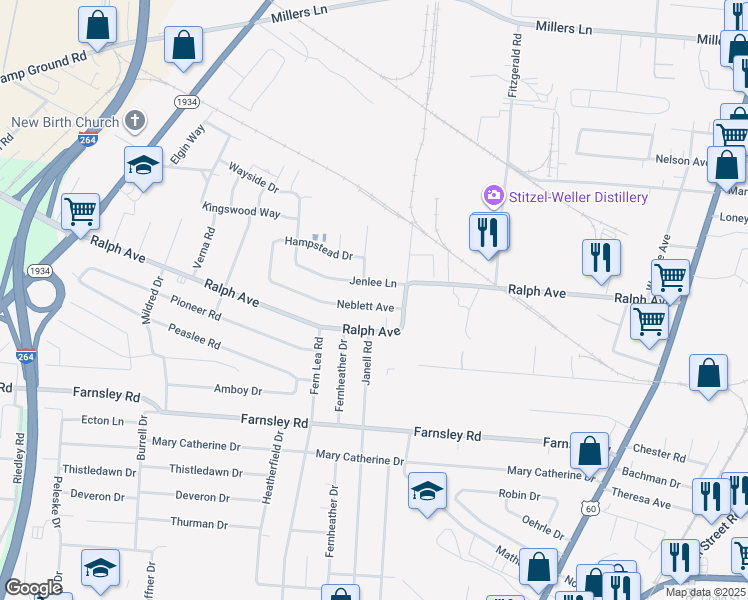 map of restaurants, bars, coffee shops, grocery stores, and more near 2506 Jenlee Lane in Louisville