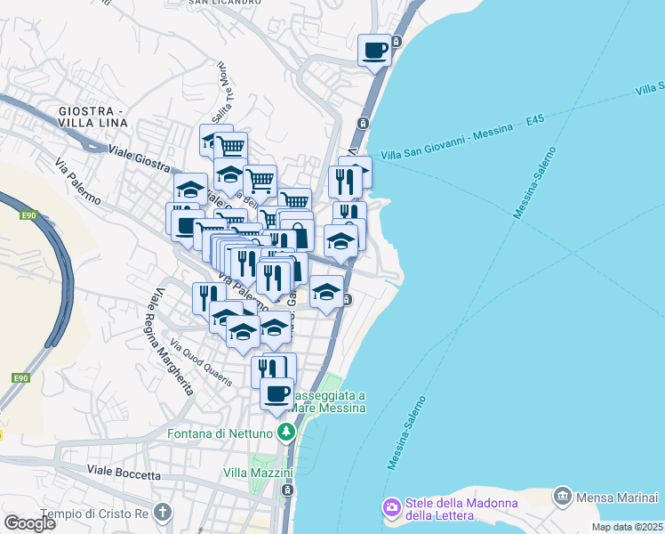 map of restaurants, bars, coffee shops, grocery stores, and more near 17 Viale Giostra in Messina